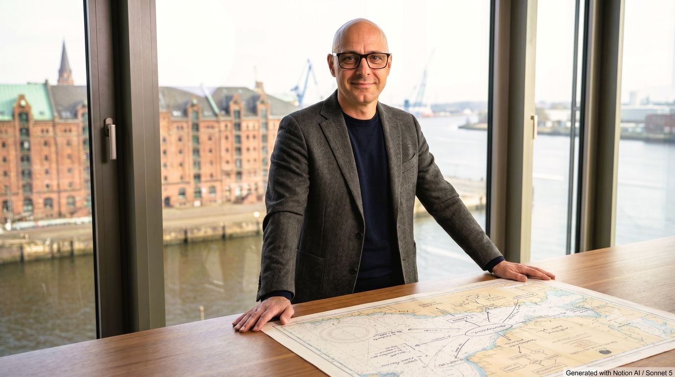 Sascha Adam mit Seekarte vor dem Hamburger Hafen